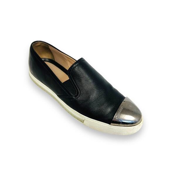 MIU MIU Black Leather Logo Metal Cap Toe Slip On Sneakers Shoes Size EU 36 US 6 - Picture 2 of 10
